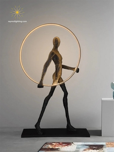 Man Holding LED Ring Lighting Modern Art Sculpture Floor Lamp